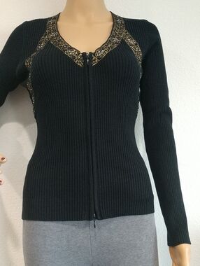VENUS Black Ribbed Zip-Front V-Neck Sweater with Gold Embellished Trim